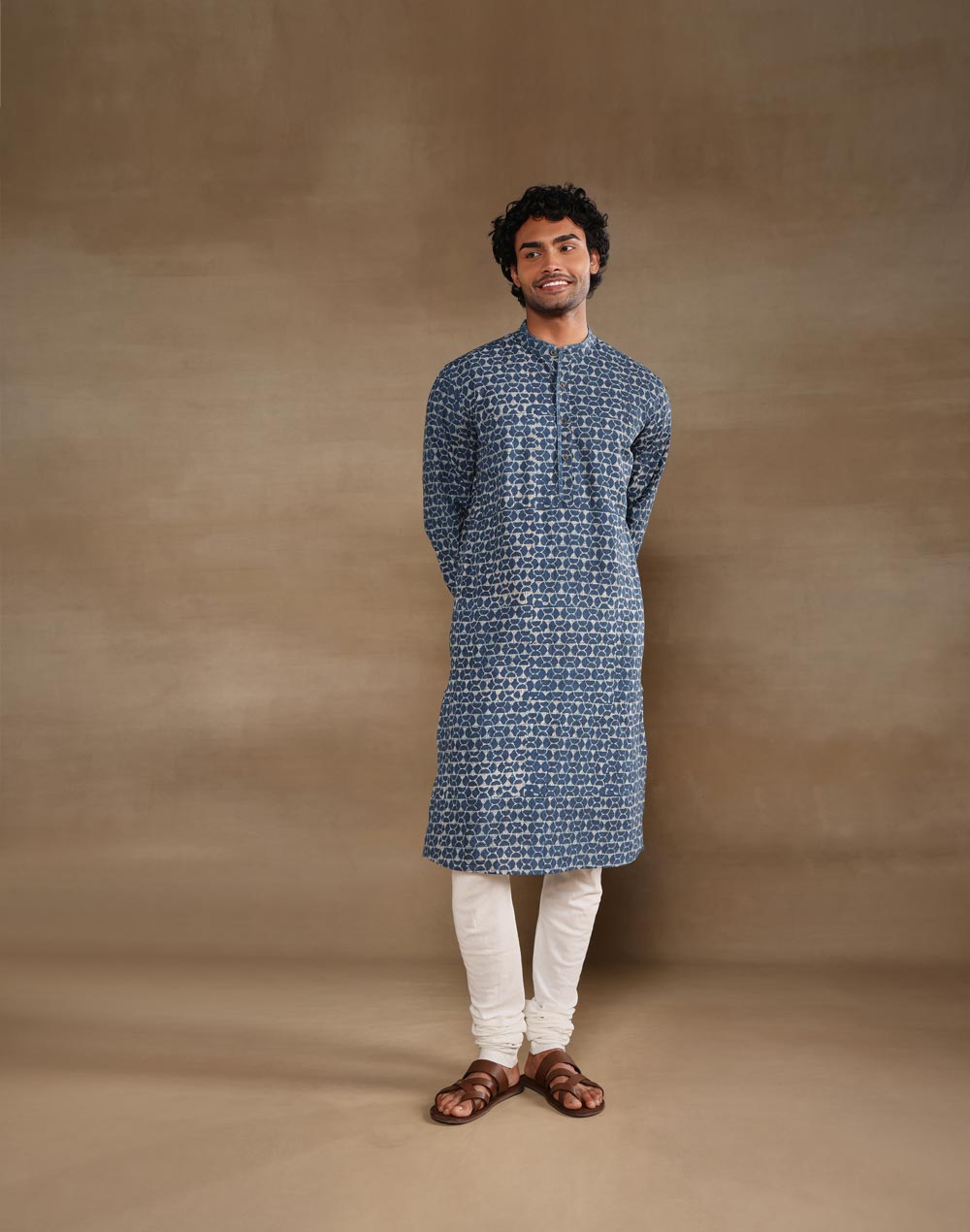 Indigo Cotton Dabu Printed Slim Fit Long Kurta