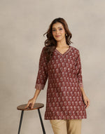 Maroon Cotton Silk Hand Block Printed Slim Fit Short Kurta