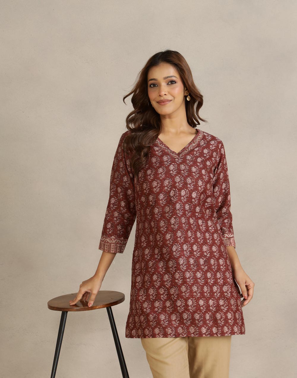 Maroon Cotton Silk Hand Block Printed Slim Fit Short Kurta