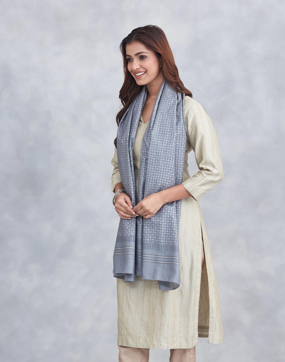 Grey Silk Hand Block Printed Stole