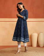 Indigo Cotton Slim Fit Printed Floral Long Kurta