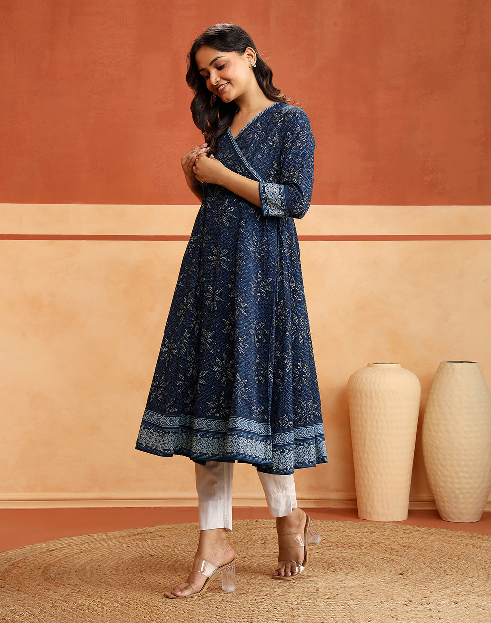 Indigo Cotton Slim Fit Printed Floral Long Kurta