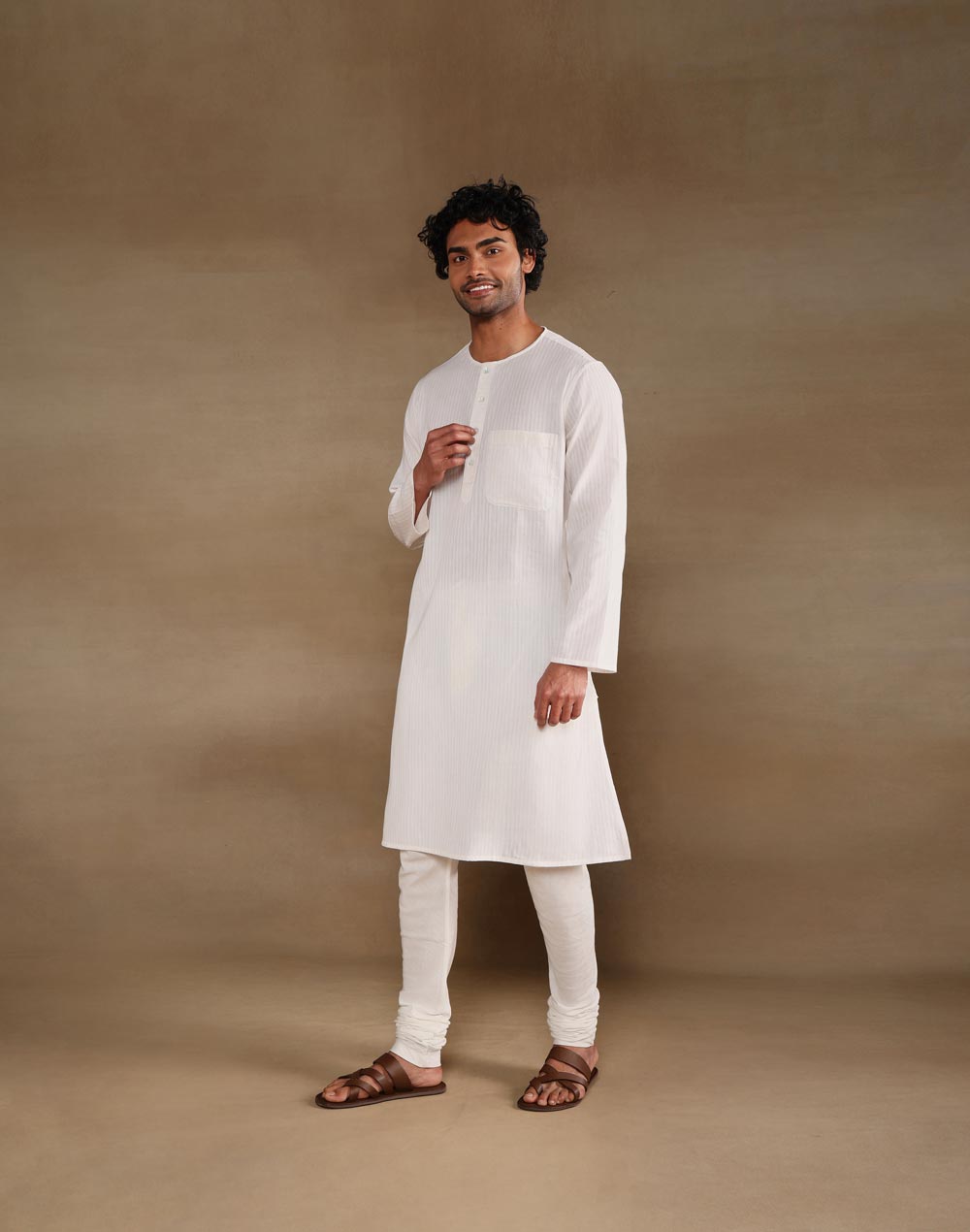 Offwhite Cotton Stripe Long Kurta