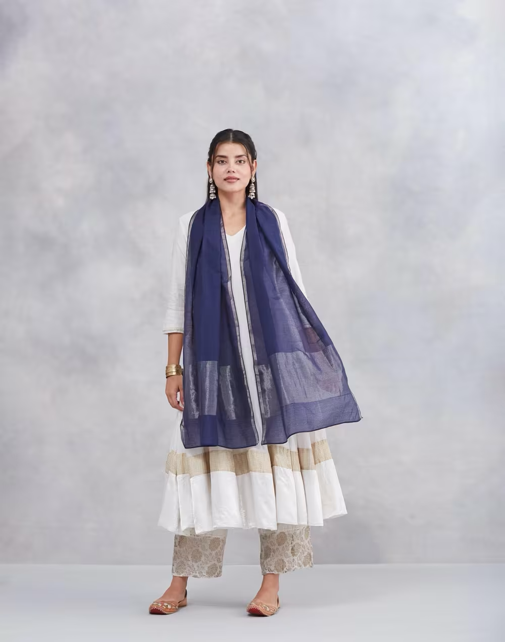 Navy Cotton Silk Blend Hand Woven Stole
