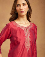 Wine Cotton Silk Embroidered Long Kurta