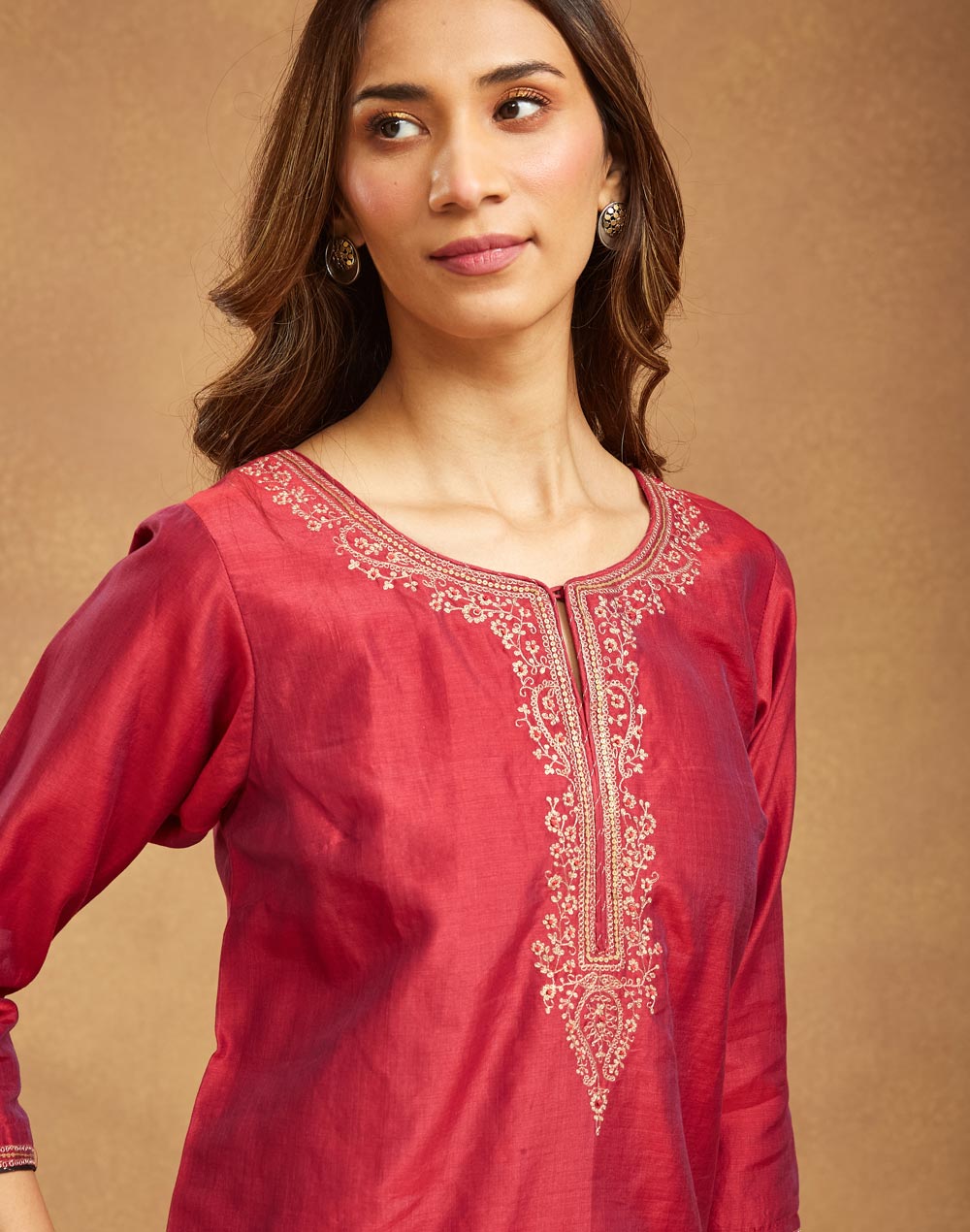 Wine Cotton Silk Embroidered Long Kurta
