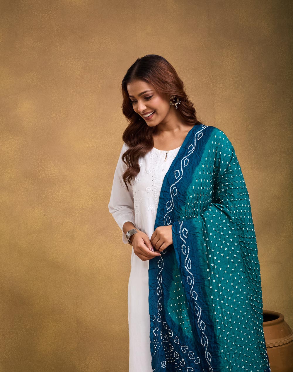 Blue Viscose Blend Bandhani Dupatta