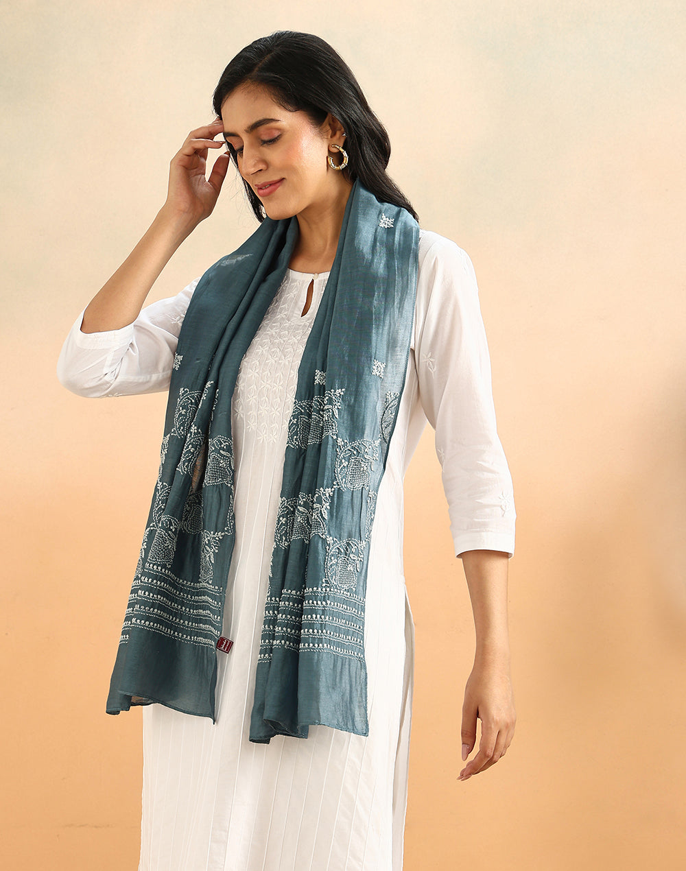 Blue Cotton Silk Chikankari Stole