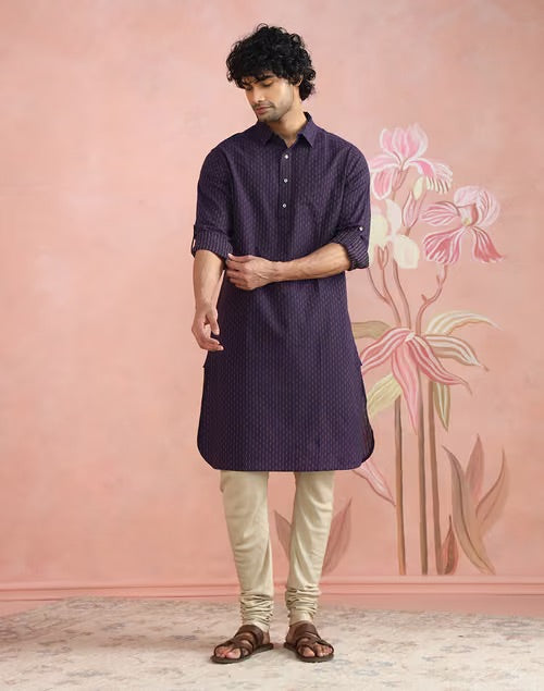 Dobby weave detail on the Purple Dobby Pathani Kurta