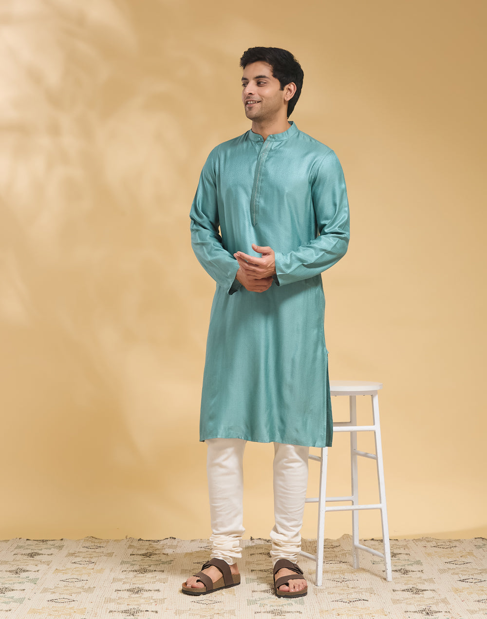 Teal Viscose Silk Long Kurta