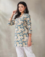 Teal Cotton Hand Block Printed Slim Fit Short Kurta