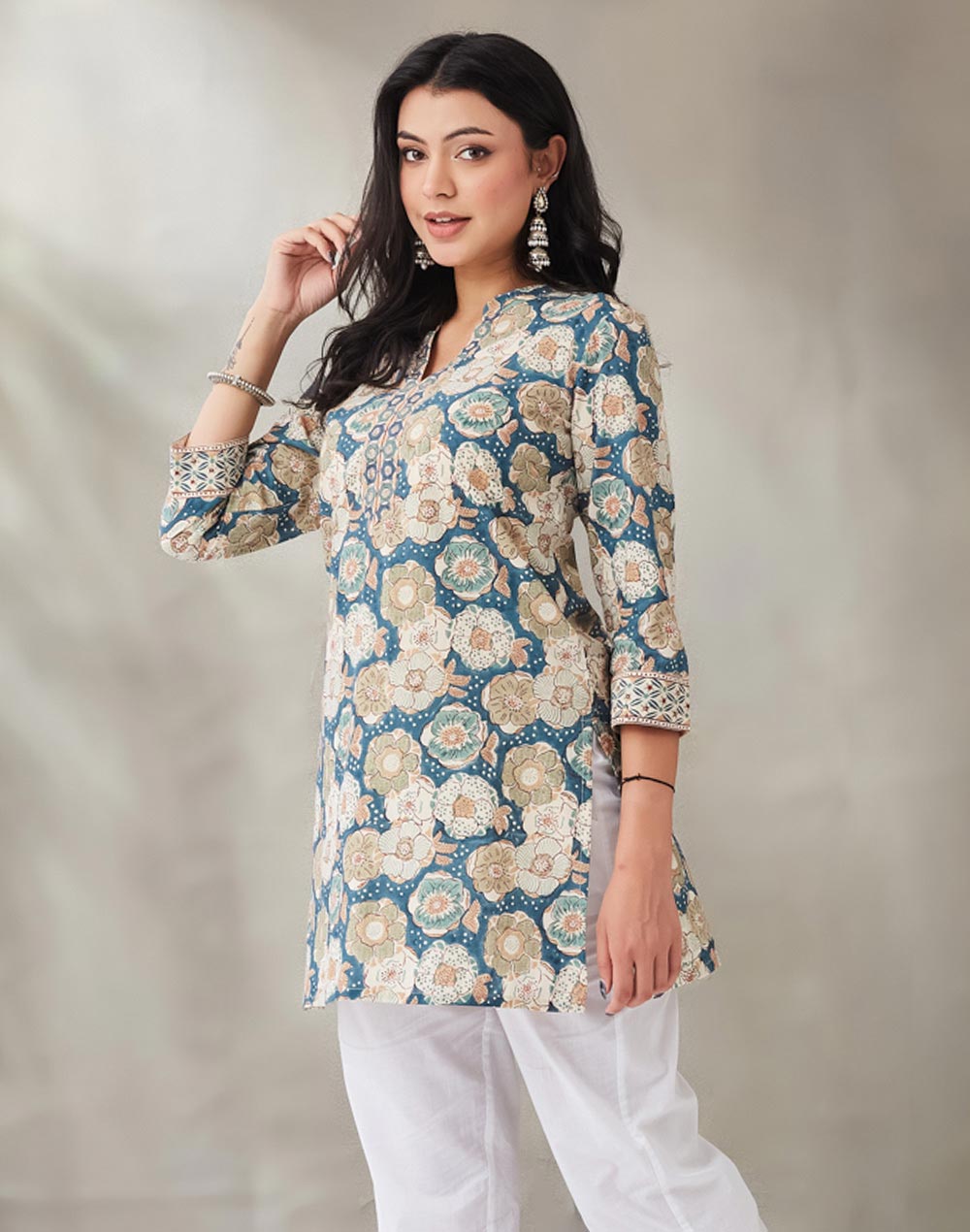 Teal Cotton Hand Block Printed Slim Fit Short Kurta