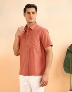 Orange Cotton Blend Striped Bush Shirt