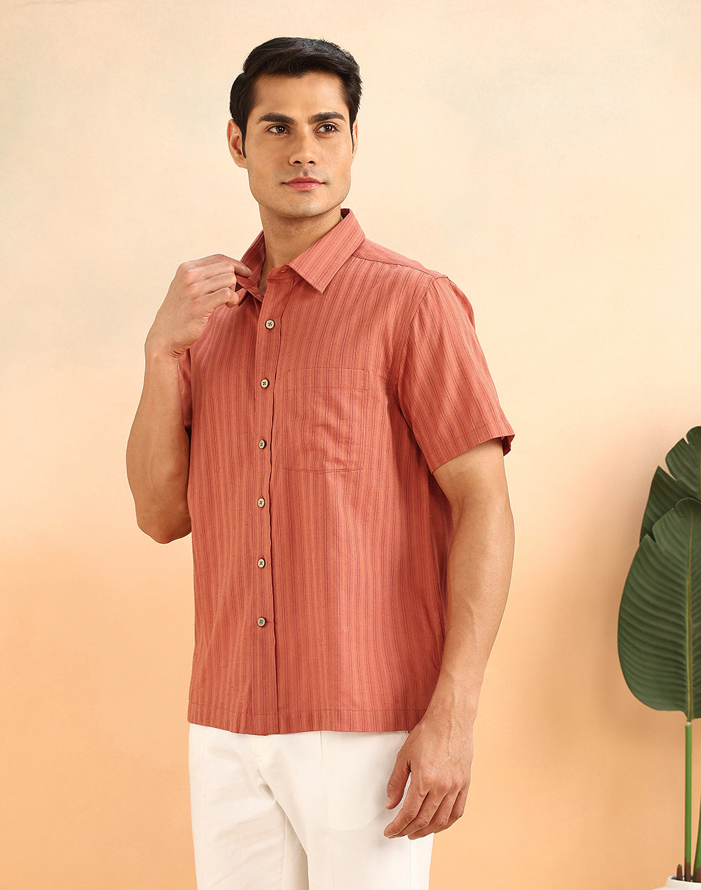 Orange Cotton Blend Striped Bush Shirt