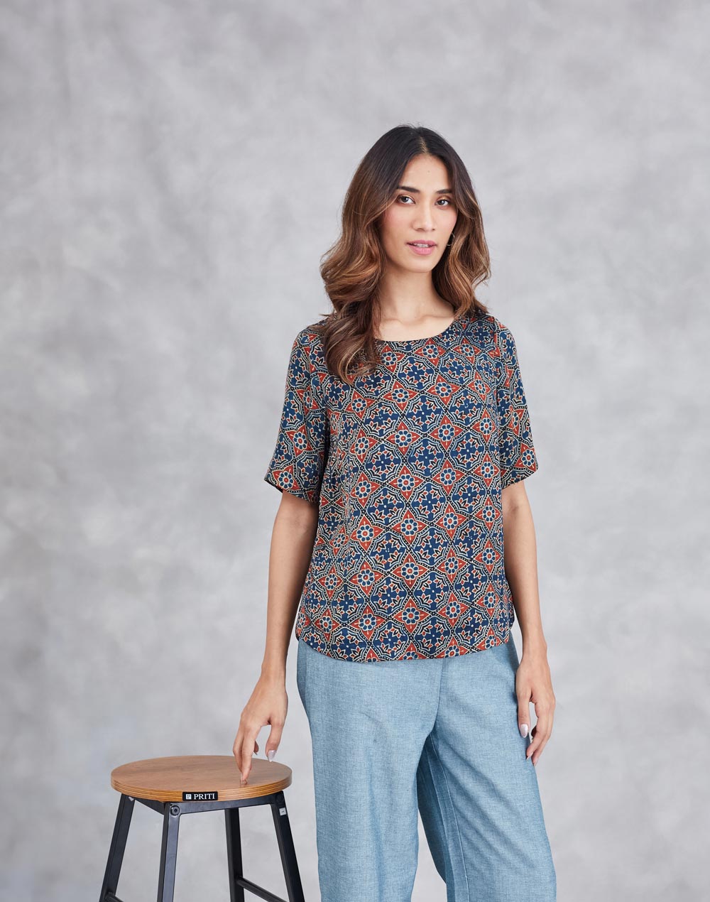 Blue Rayon Blend Ajrakh Printed Arcadian Top