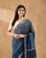 Indigo Cotton Silk Blend Hand Block Print Sari