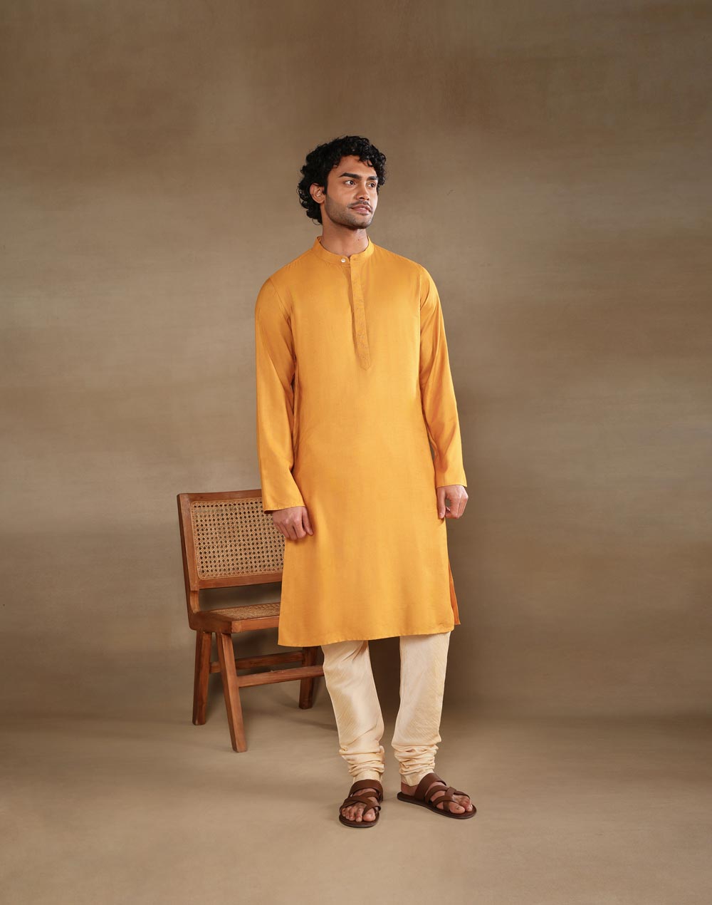 Yellow Viscose Silk Long Kurta