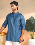 Blue Viscose Silk Short Kurta for Men from Fabindia UK