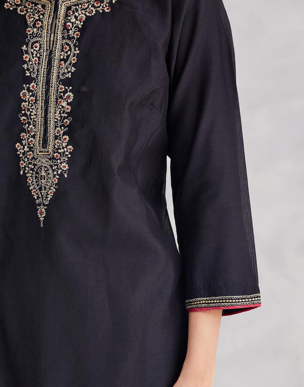 Black Cotton Silk Embroidered Long Kurta