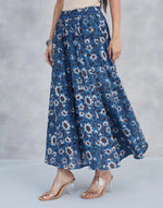 Blue Cotton Bagru Printed Skirt Midi