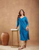 Blue Cotton Silk Hand Embroidered Long Kurta