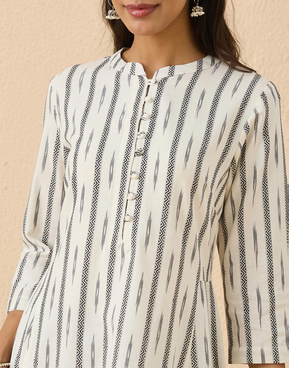 White Cotton Ikat Slim Fit Long Kurta