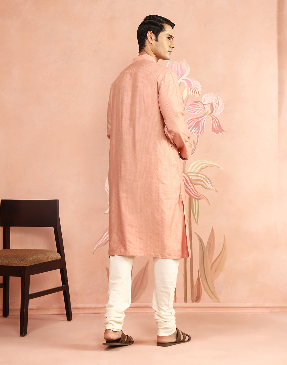 Peach Viscose Blend Stripe Long Kurta