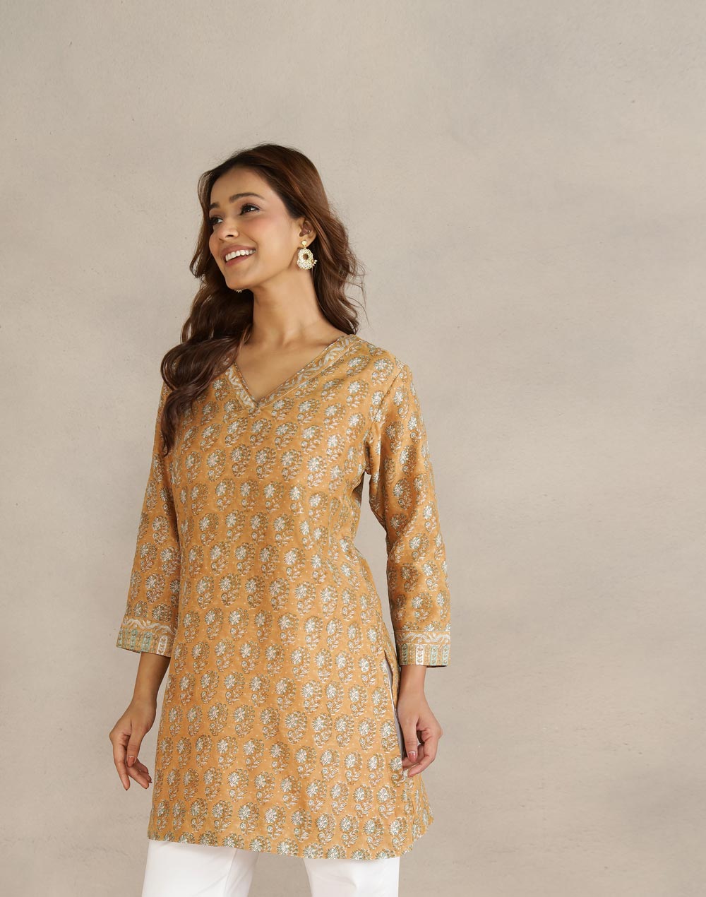 Mustard Cotton Silk Hand Block Printed Short Kurta