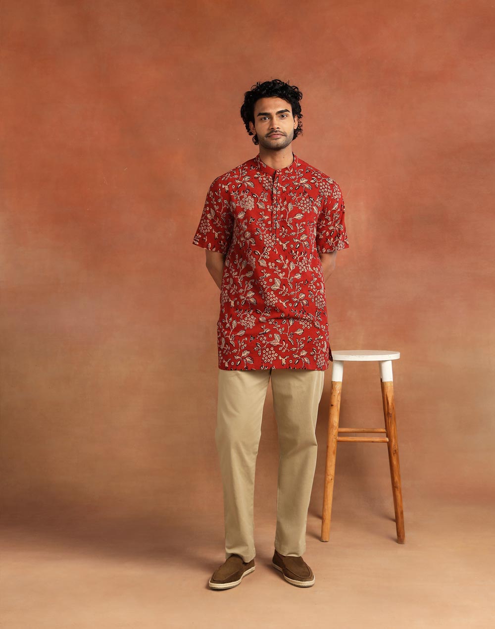 Maroon Cotton Dabu Printed Kurta Short