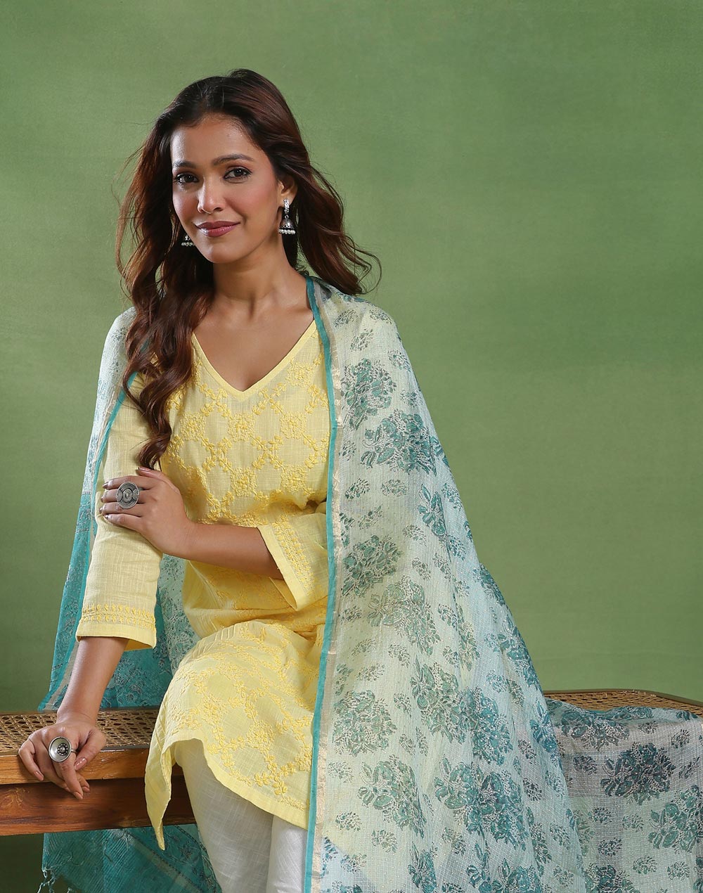 Turquoise Silk Blend Hand Block Printed Dupatta