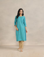 Turquoise Cotton Silk Pintucks Long Kurta