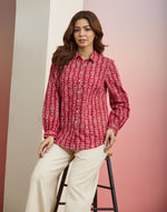 Red Cotton Block Print Geometric Shirt for Women from Fabindia UK