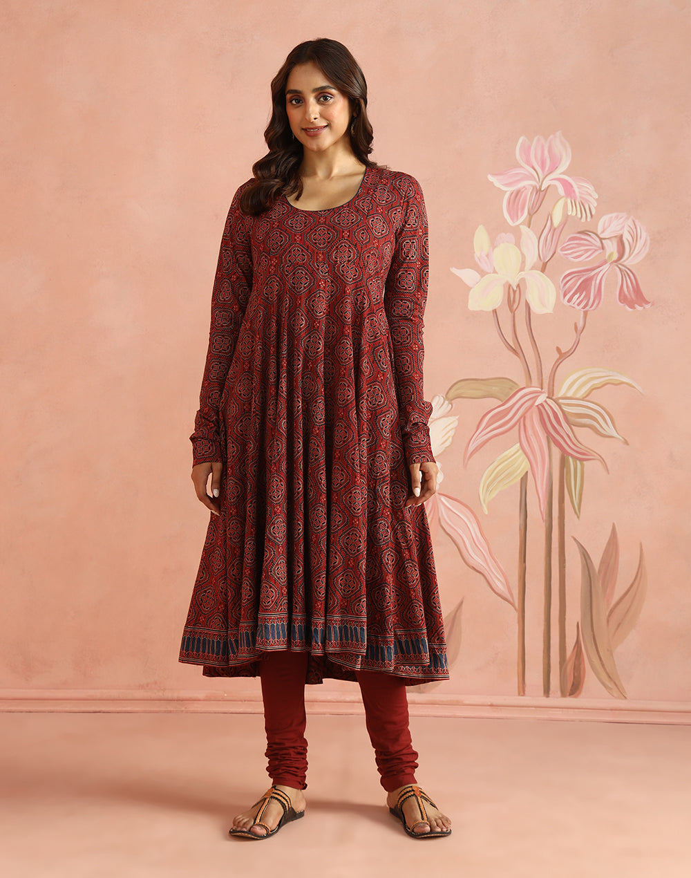 Maroon Cotton Ajrakh Printed Churidar & Kurta