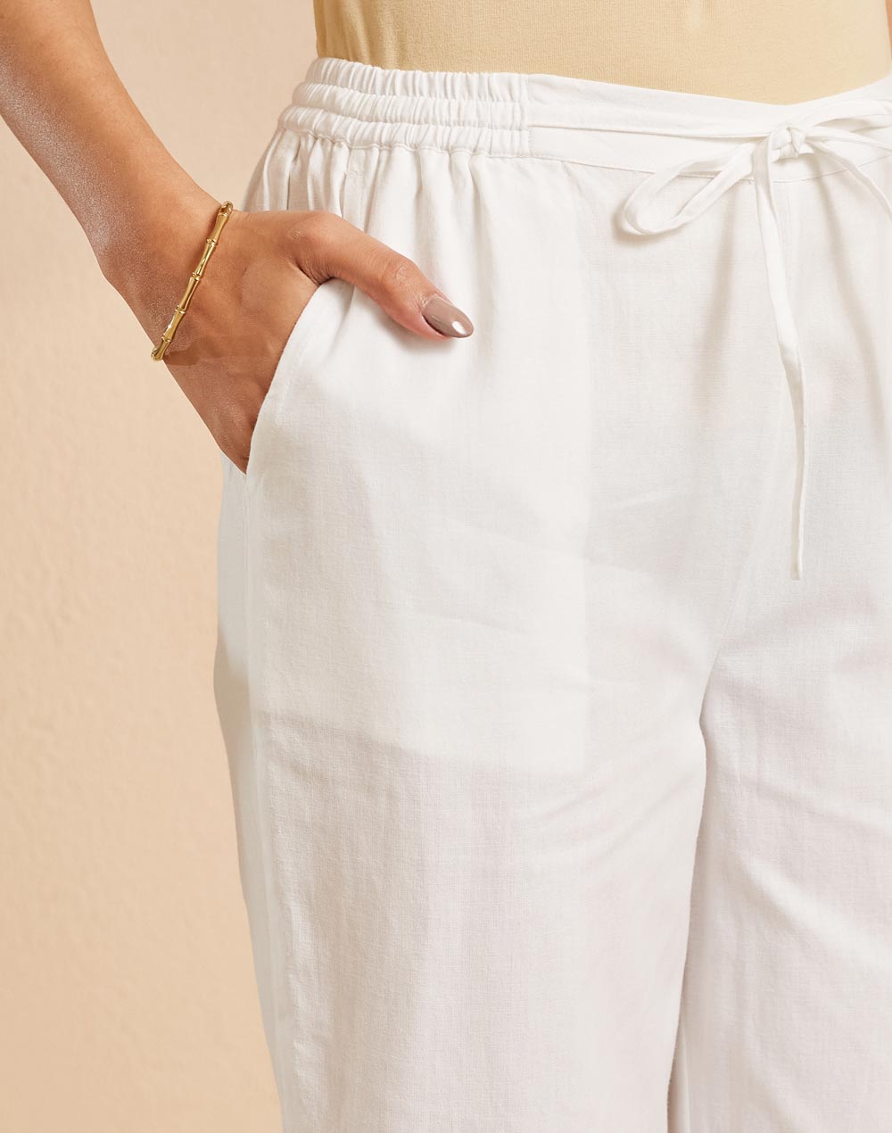 White Cotton Chikankari Casual PJ Pant With Drawstring