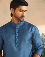 Blue Viscose Silk Short Kurta for Men with a soft viscose silk sheen