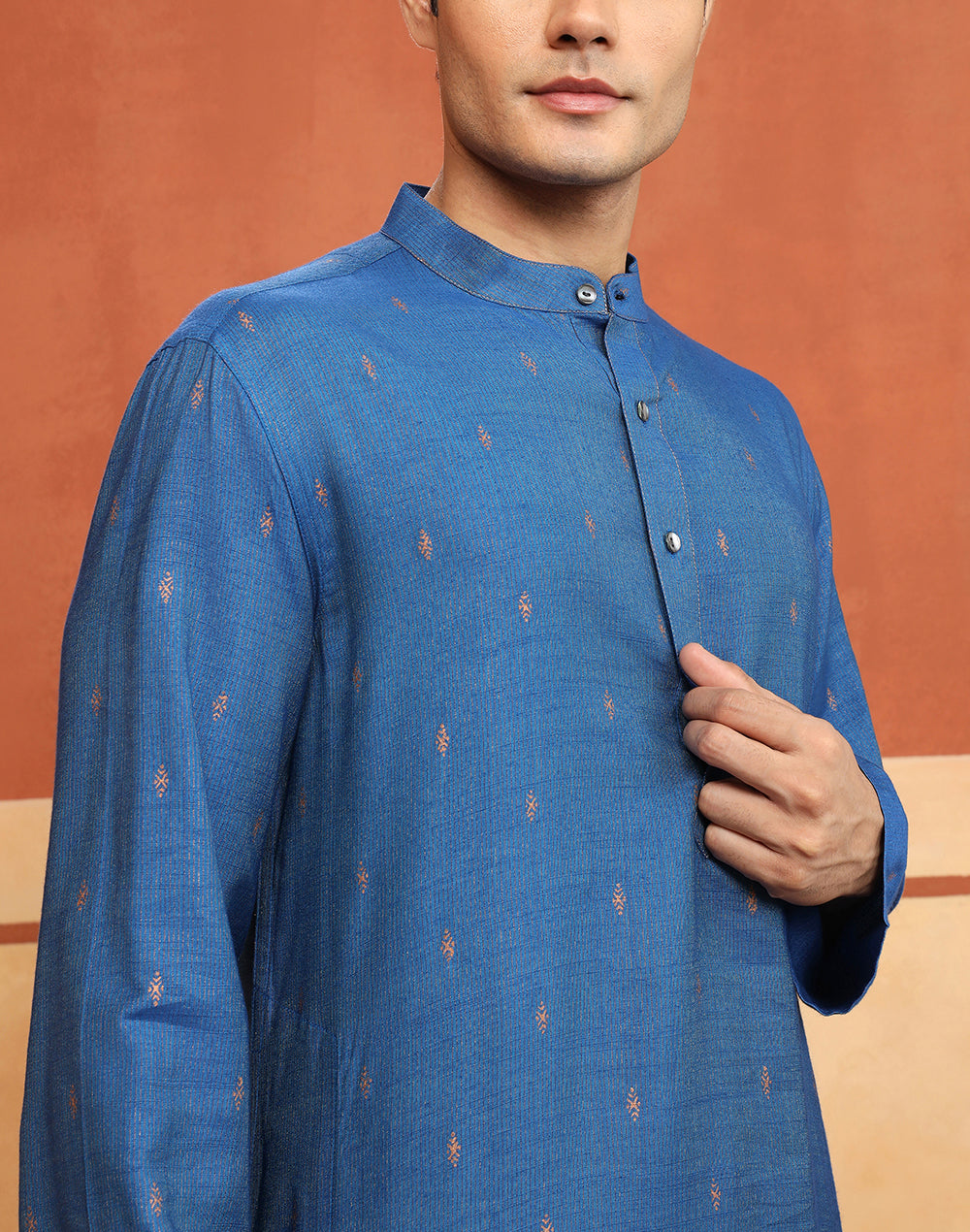 Blue Block Print Long Kurta styled for festive occasions