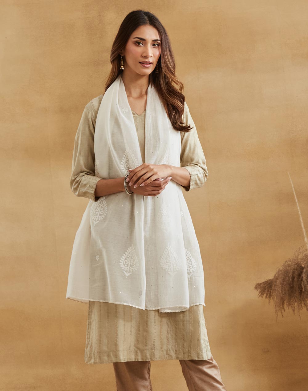 Natural Cotton Silk Chikankari Stole