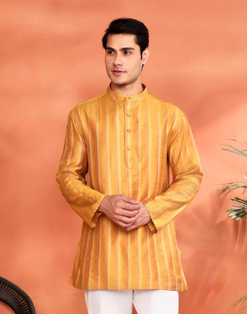 Yellow Viscose Silk Zari Stripe Short Kurta
