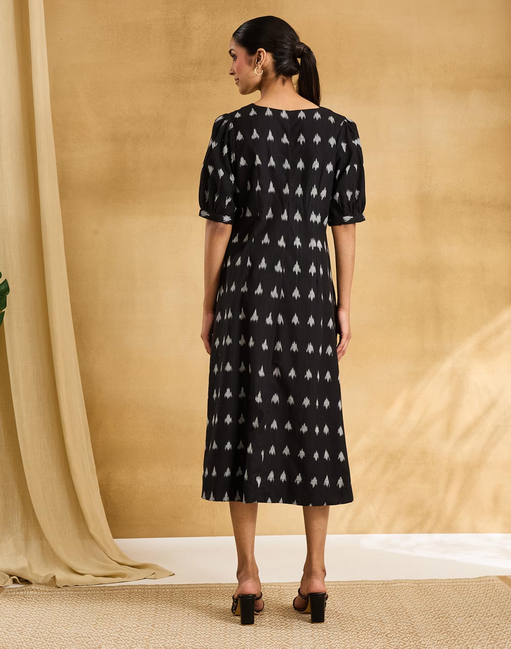 Black Cotton Ikat Midi Dress