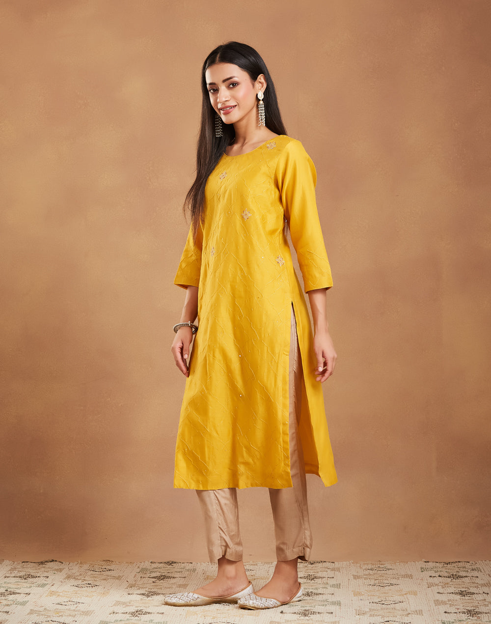 Mustard Cotton Silk Embroidered Long Kurta