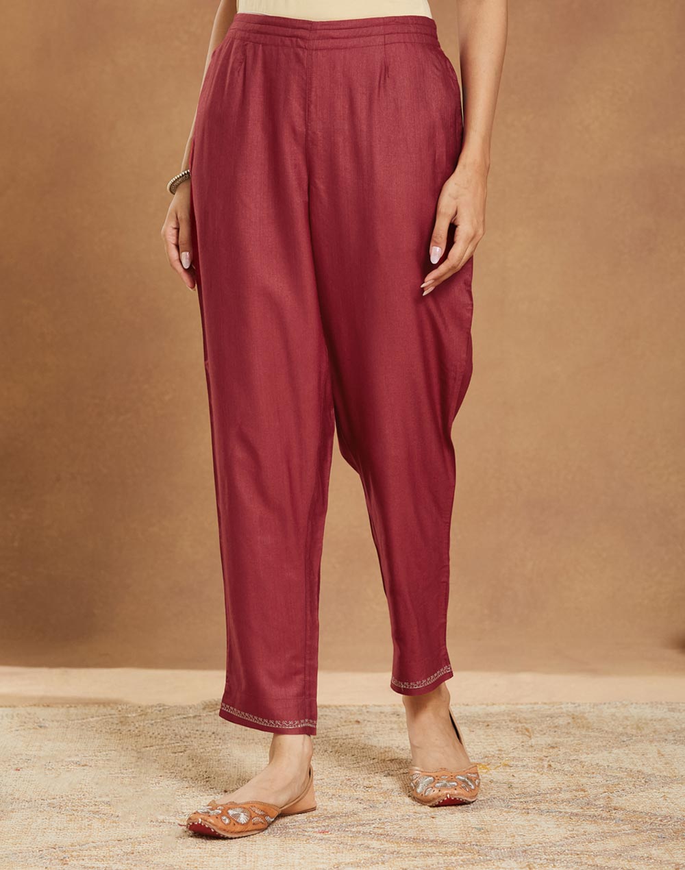 Maroon Viscose Silk Embroidered Ethnic Pant
