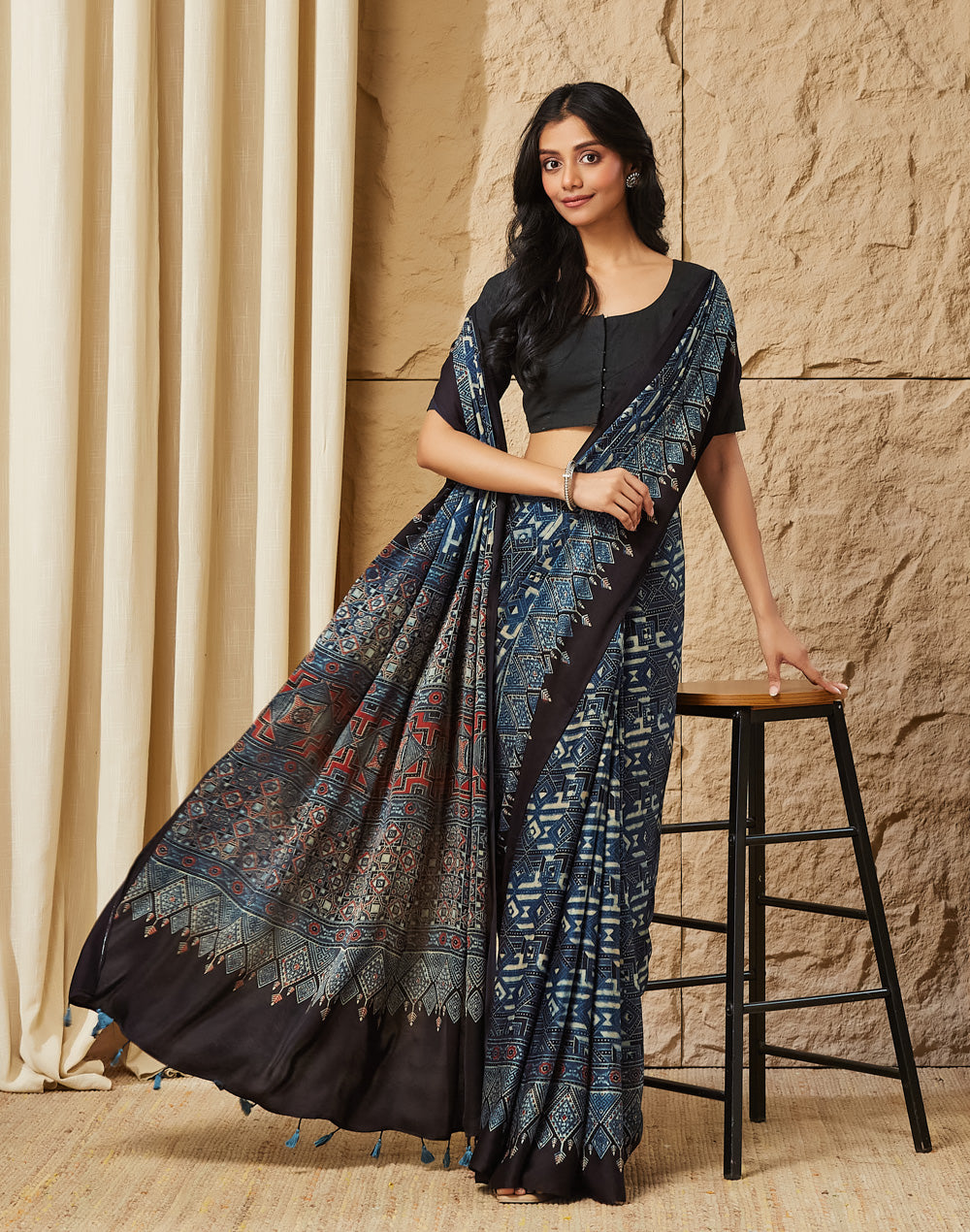 Indigo Viscose Blend Ajrakh Printed Sari