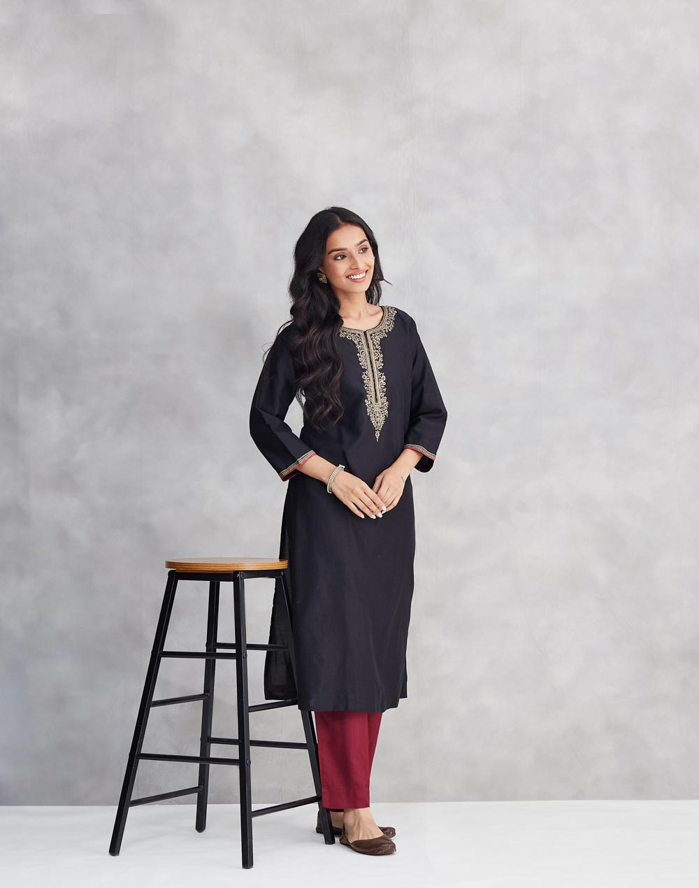 Black Cotton Silk Embroidered Long Kurta