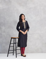 Black Cotton Silk Embroidered Long Kurta