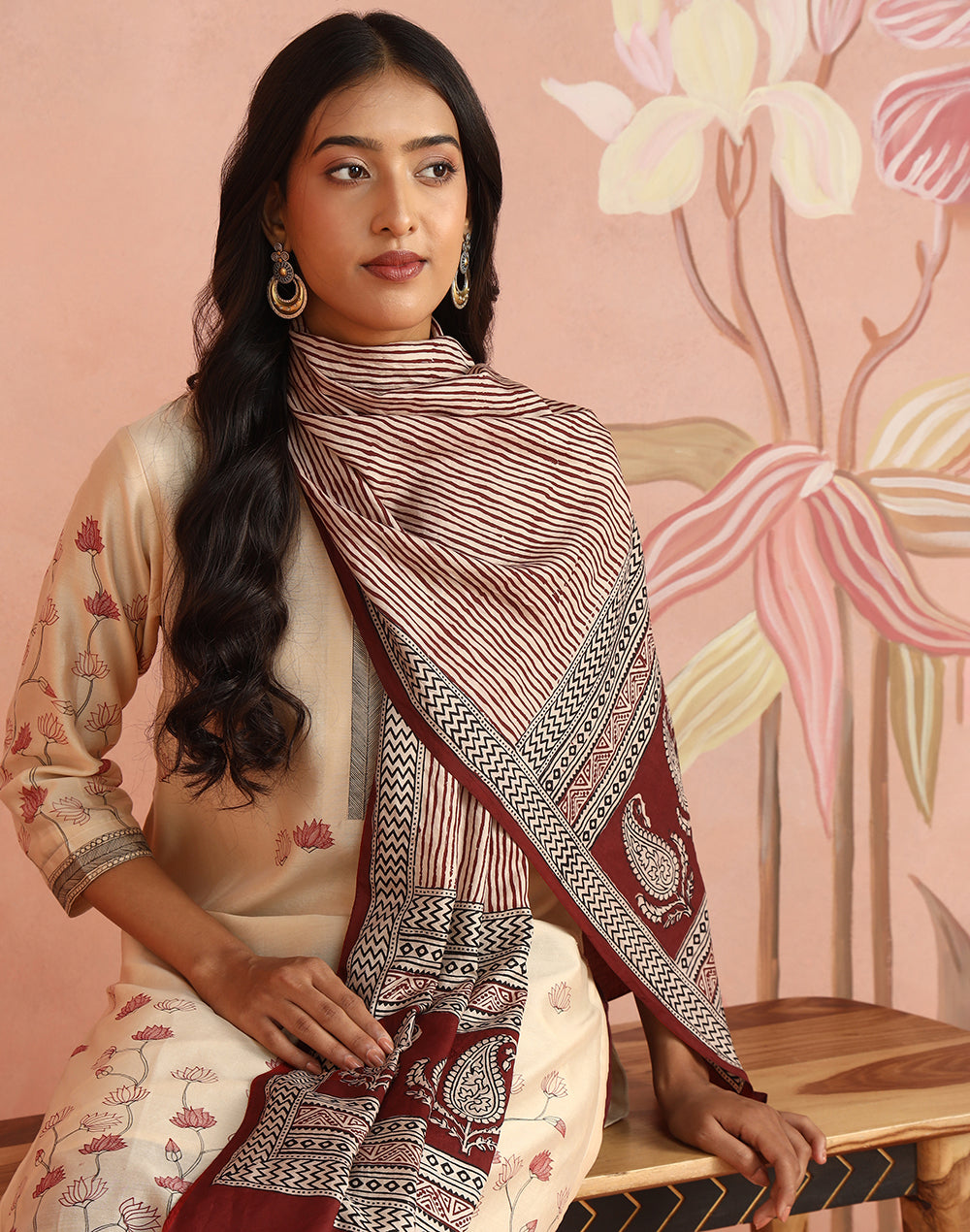 Natural-Red Silk Bagh Printed Stole