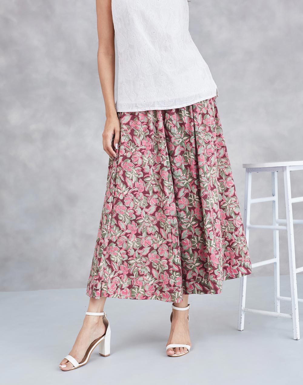 Brown Cotton Floral Midi Skirt