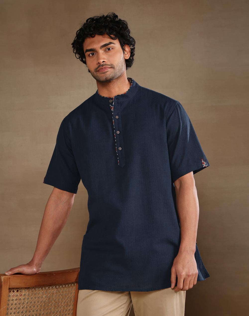 Navy Cotton Dobby Short Kurta