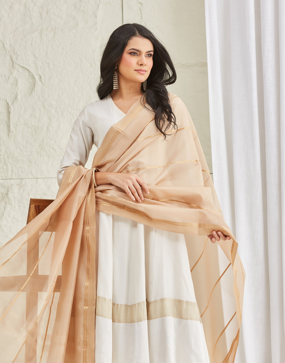 Beige Cotton Silk Blend Maheshwari Dupatta