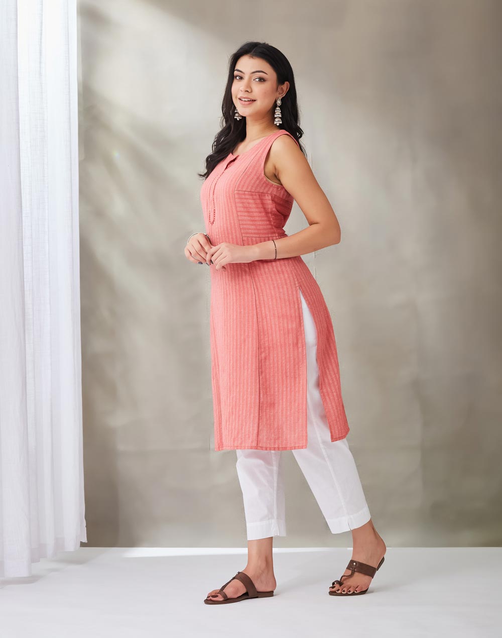 Pink Cotton Slim Fit Knee Length Kurta