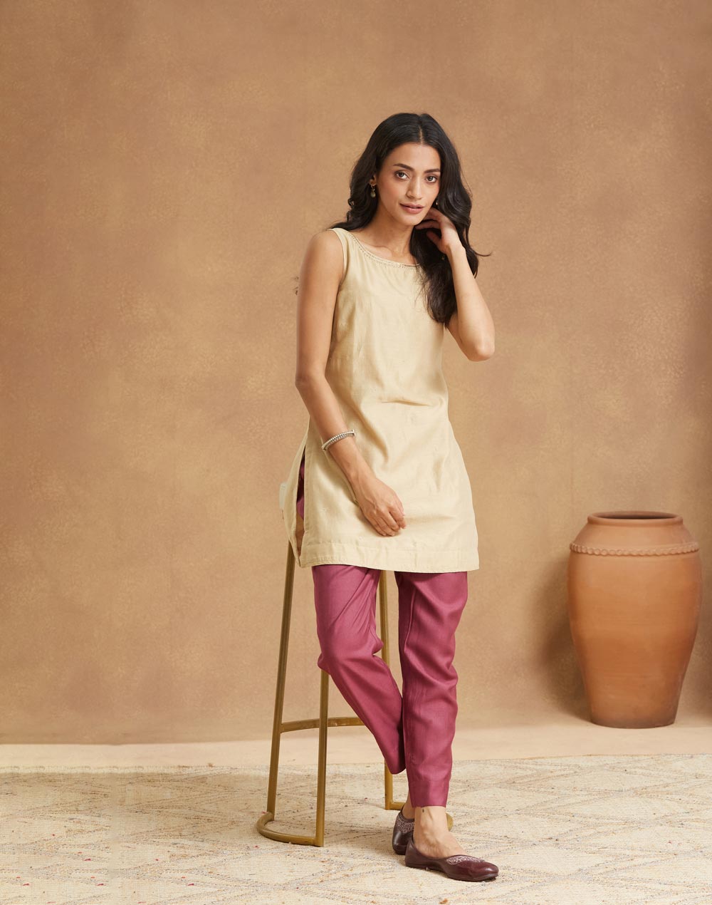 Beige Cotton Silk Embroidered Slim Fit Short Kurta